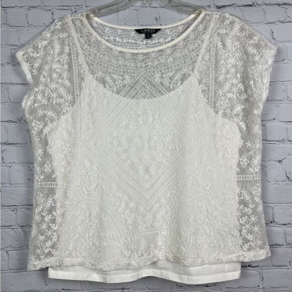 Ralph Lauren Boho Cottagecore Lace Sheer Overlay Cami 2 Piece Boxy blouse M - Picture 1 of 12